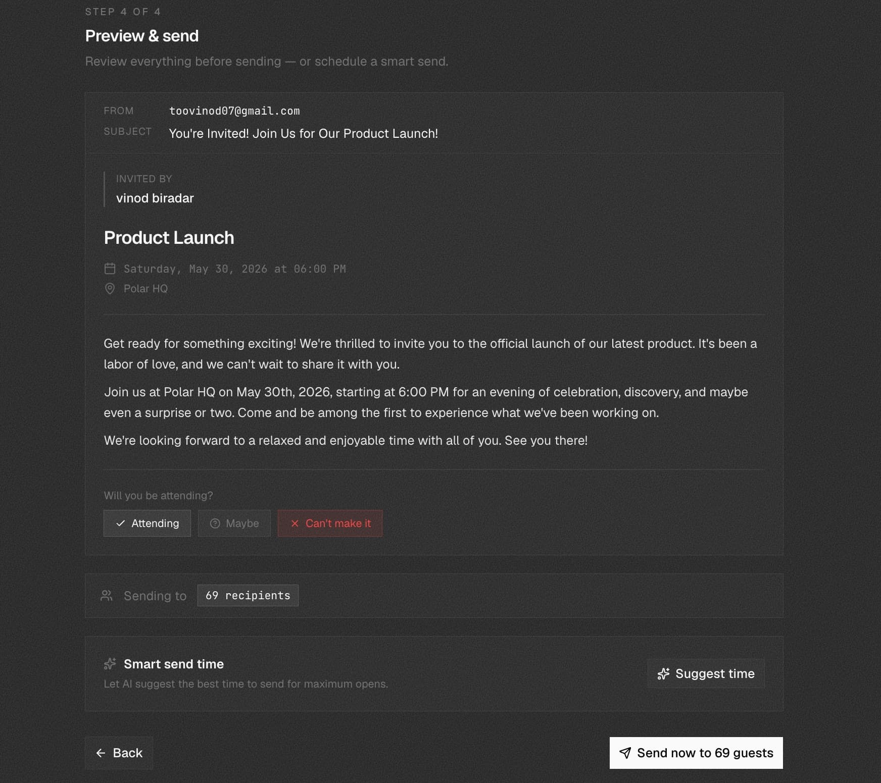 Invitely.gg Email Preview - House Party invitation with RSVP tracking, smart send time suggestions, and batch delivery to 30 guests